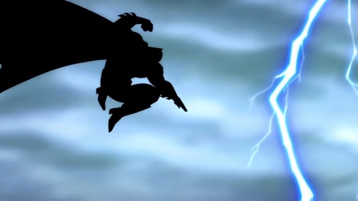 Batman jumping through the night sky with a lightning bolt next to him in 