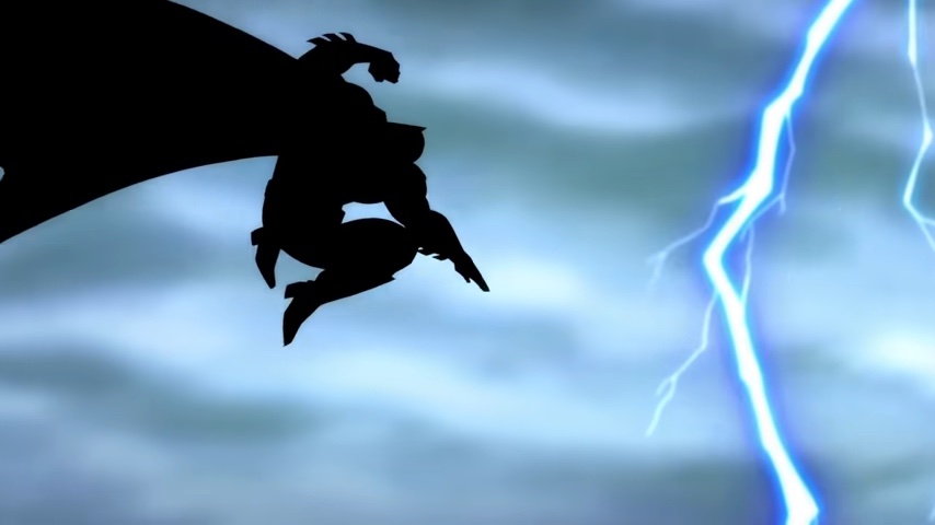 Batman pulando no céu noturno com um raio ao lado dele em "Batman: O Retorno do Cavaleiro das Trevas".