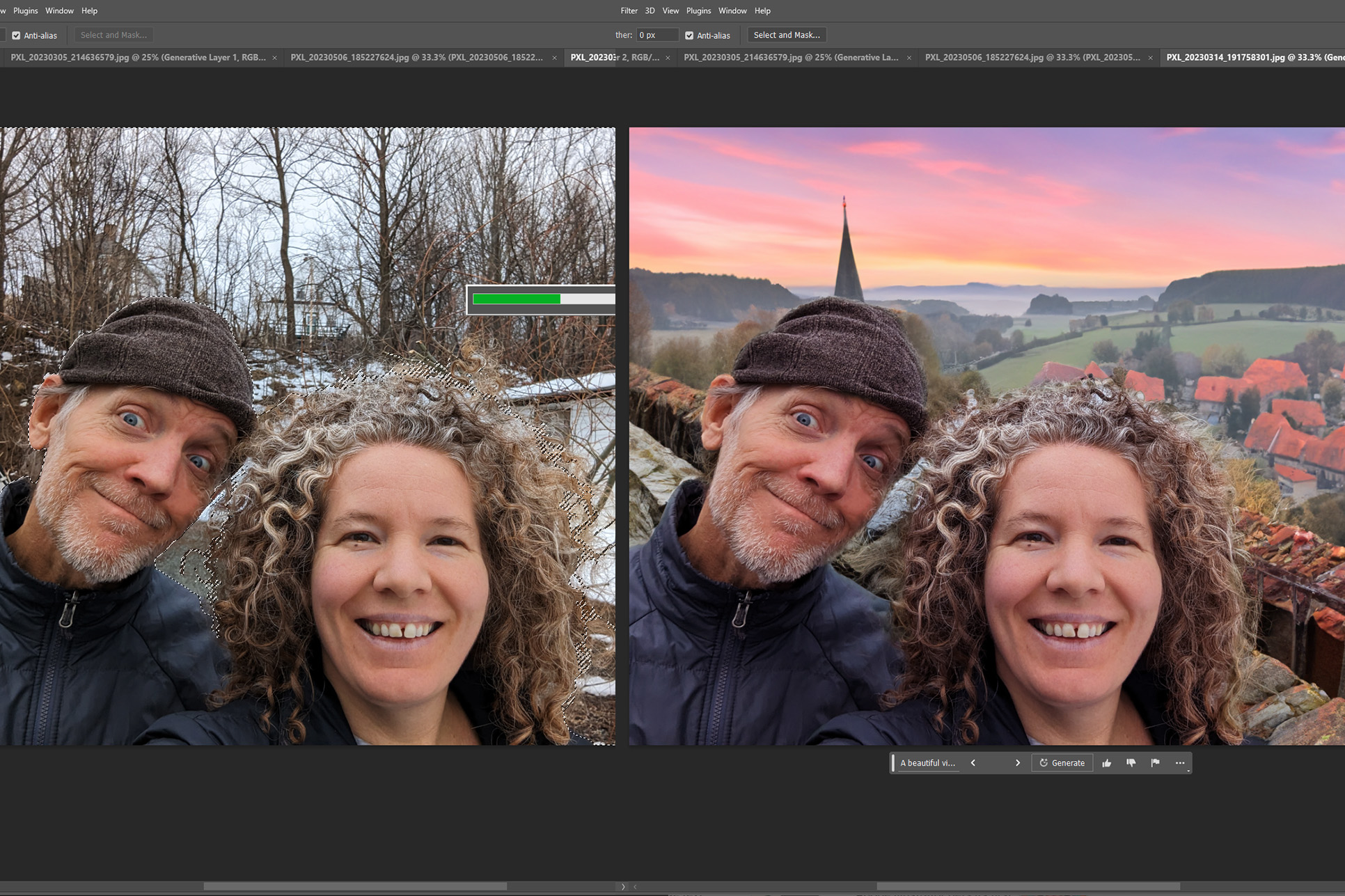 Before and after screenshots showing Photoshop's AI background swapping skills.