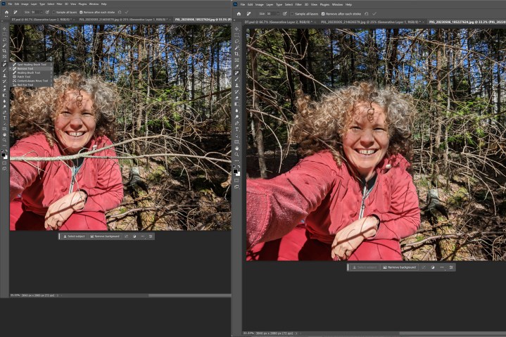 Capturas de tela antes e depois mostrando como funciona a ferramenta AI Remove do Photoshop.