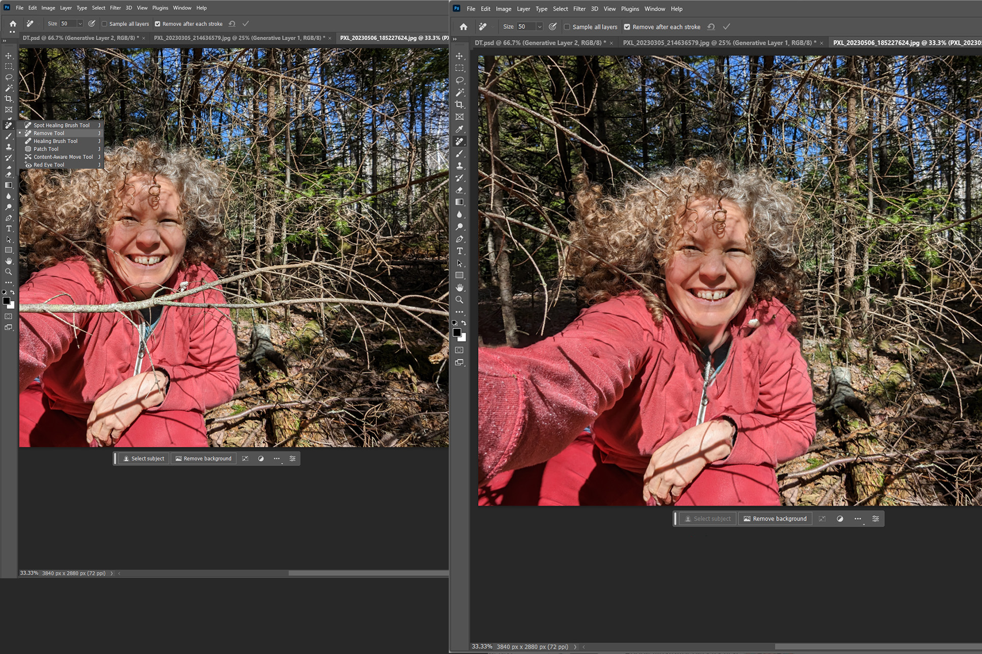 Before and after screenshots showing how Photoshop's AI Remove tool.