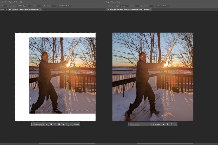 Capturas de tela antes e depois mostrando como a IA do Photoshop pode expandir a tela.