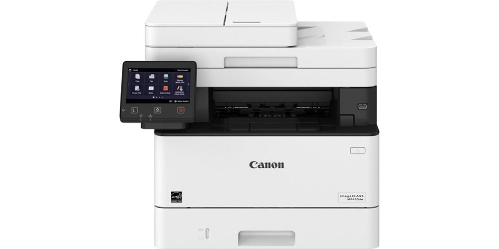 A impressora a laser Canon MF455dw com fax em um fundo branco.