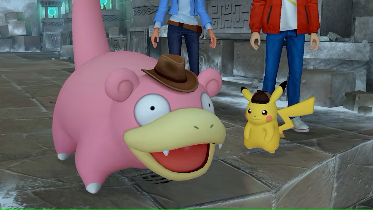 Detetive Pikachu e um Slowpoke usando um chapéu de cowboy.
