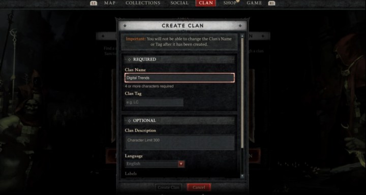 A form for creating a clan in Diablo 4.