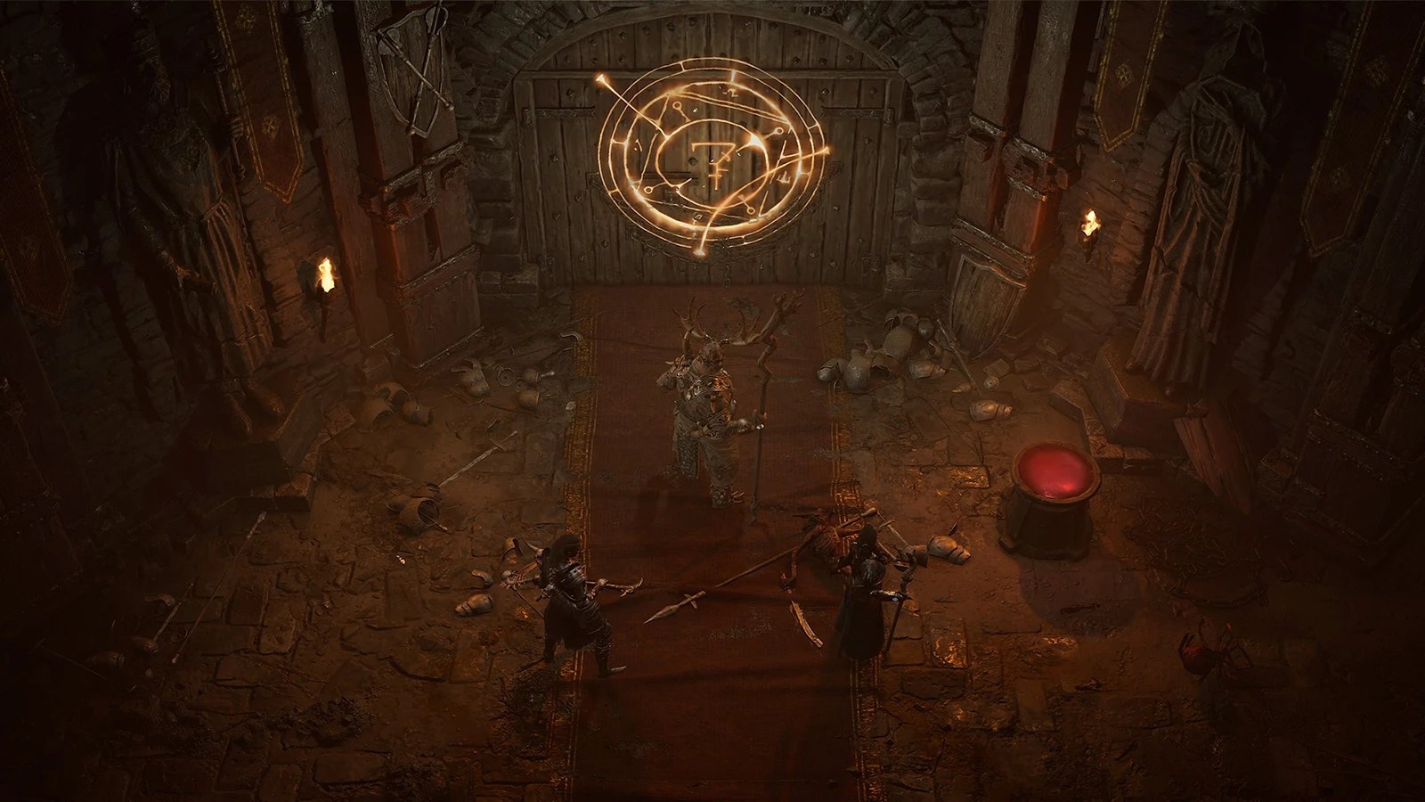 An adventuring party approaches a dungeon door in Diablo 4.