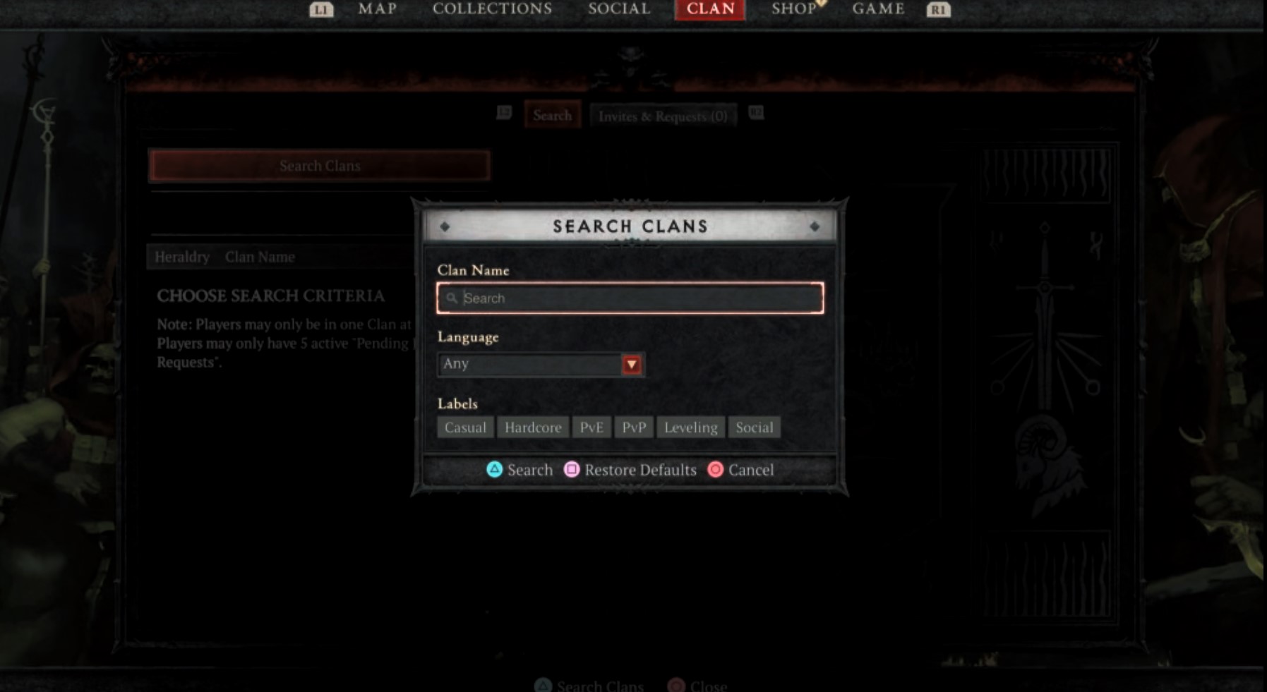 A menu to search for clans in Diablo 4.