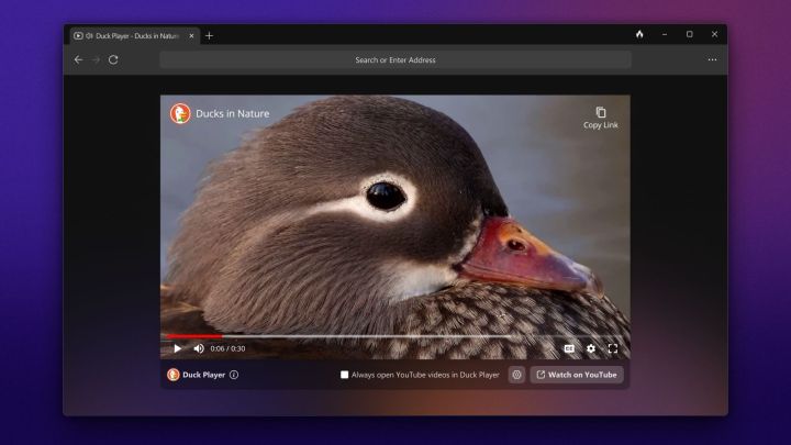 La función Duck Player del navegador web Windows de DuckDuckGo, que muestra un video que se está reproduciendo.