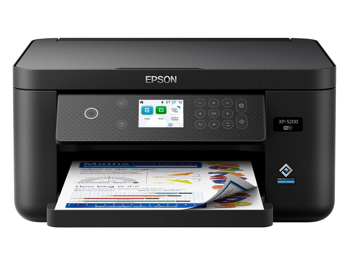 A impressora jato de tinta multifuncional Epson Expression Home XP-5200 em um fundo branco.