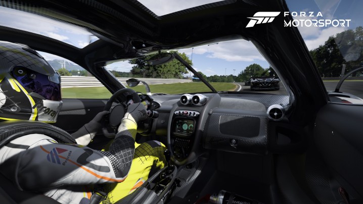 An inside-the-car perspective of Forza Motorsport.