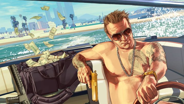 A man drives abroad in a baiter with baseborn money in Grand Theft Auto 5 art.