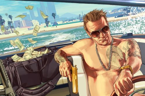 A man drives away in a boat with stolen money in Grand Theft Auto 5 art.