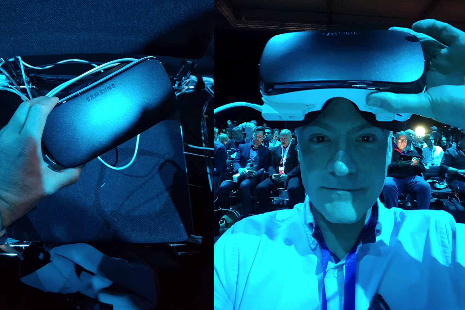 O Samsung Gear VR usado durante o evento MWC 2016 Unpacked da Samsung.