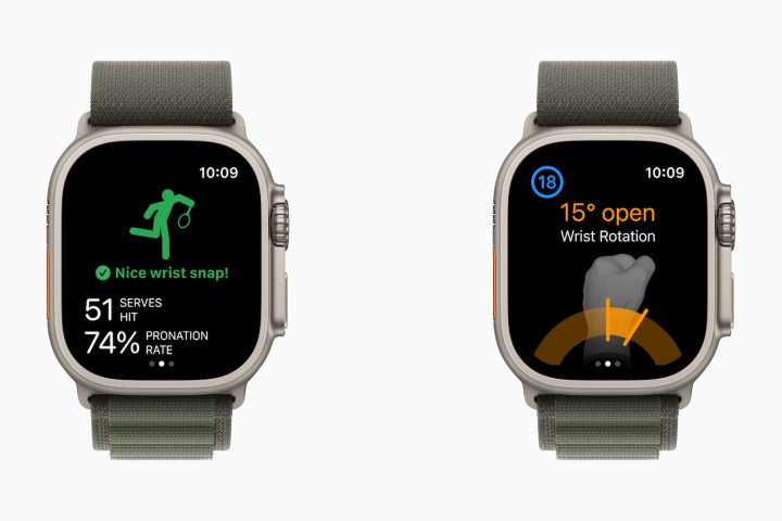 Captures d'écran WatchOS 10 montrant de nouveaux modes de golf et de tennis.