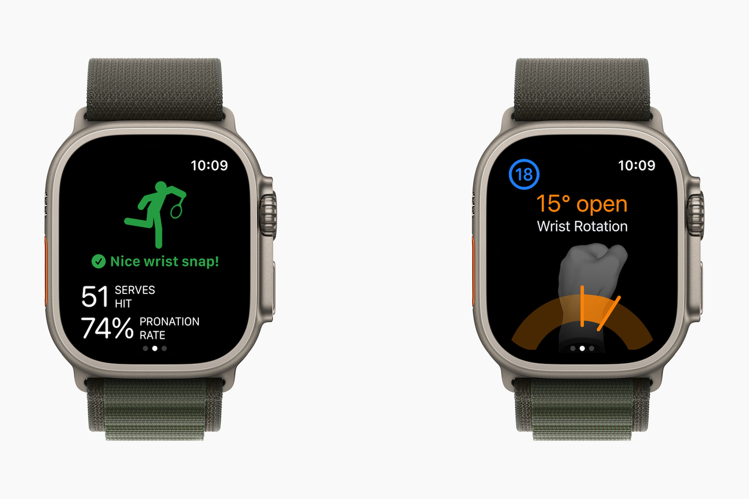 Capturas de tela do WatchOS 10 mostrando os novos modos de golfe e tênis.