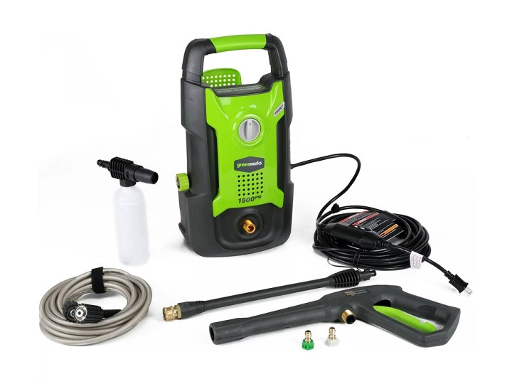 The Greenworks 1,500 PSI 1.2 GPM electric pressure washer and its accessories on a white background.