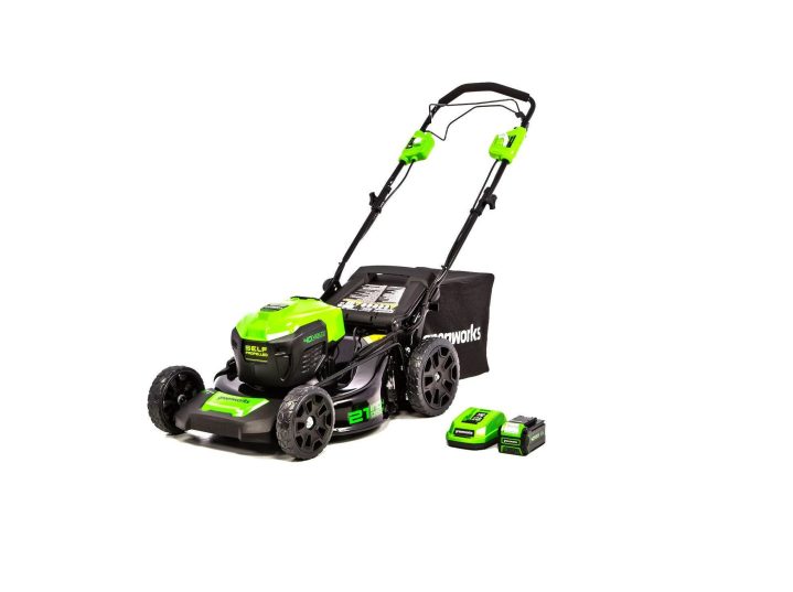 The Greenworks 40V lawn mower with battery and charger.