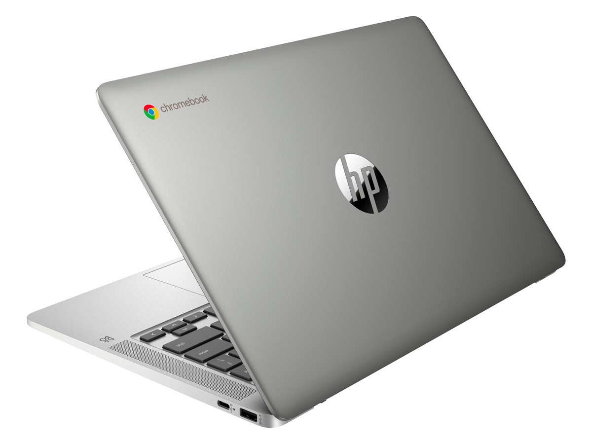 The HP 14-inch Chromebook half open against a white background.