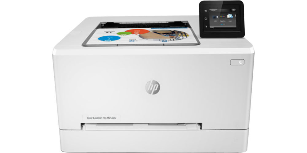 A HP Color LaserJet Pro M255dw em um fundo branco.