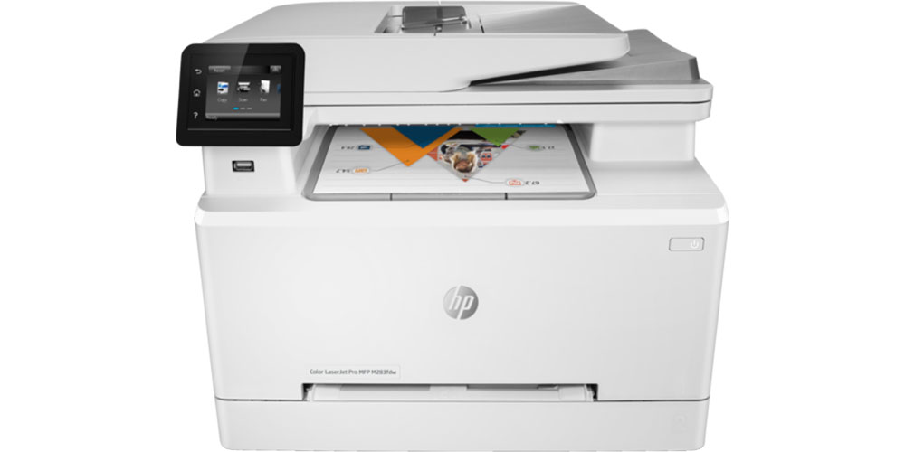 O HP Color LaserJet Pro MFP M283fdw em um fundo branco.