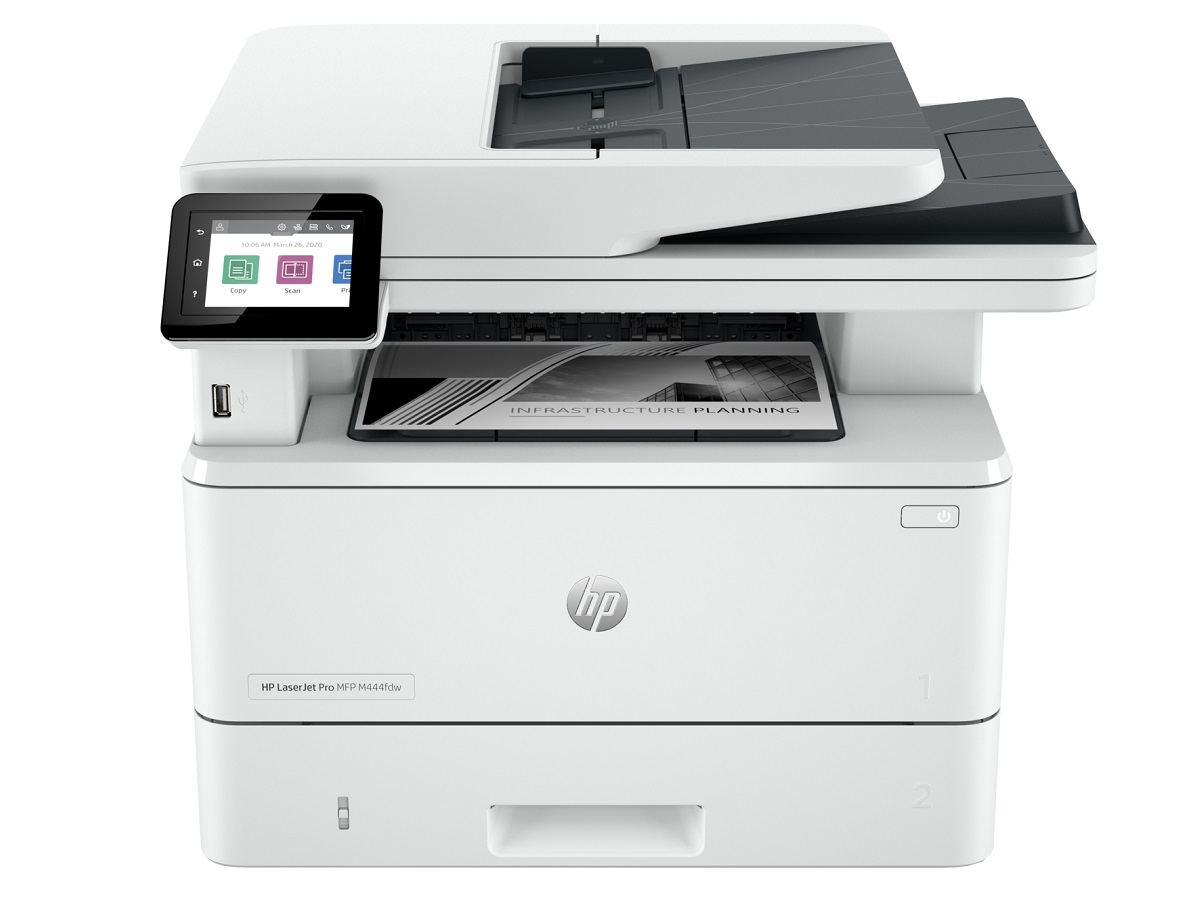A impressora sem fio HP LaserJet Pro MFP 4101fdw com fax em um fundo branco.