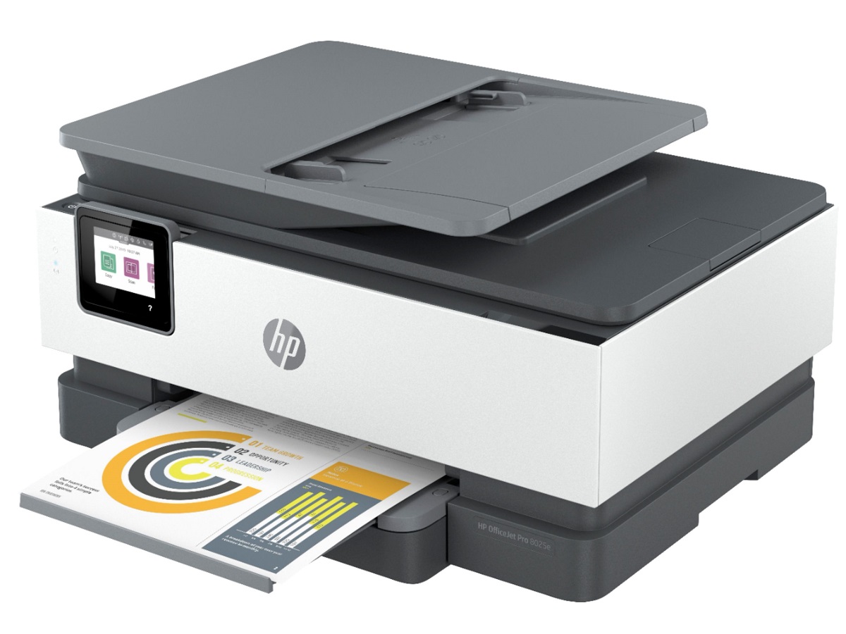 सफ़ेद पृष्ठभूमि पर HP OfficeJet Pro 8025e वायरलेस ऑल-इन-वन इंकजेट प्रिंटर।