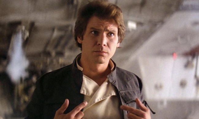 Han Solo points at himself in Star Wars: The Empire Strikes Back.