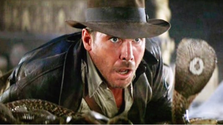 Harrison Ford dans le rôle d'Indiana Jones effrayé par un serpent dans Les Aventuriers de l'arche perdue.