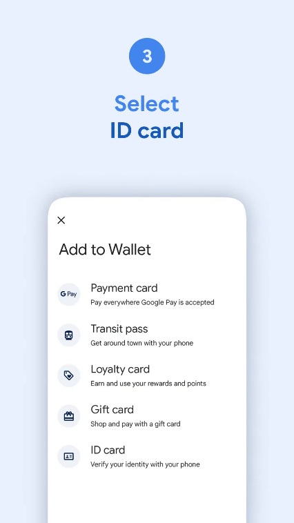 Selecting ID Card in Google Wallet.