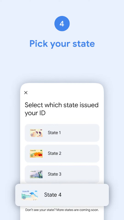 Choosing your state in Google Wallet.