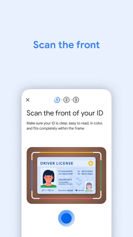 Digitalizando a frente do seu cartão de identificação na Carteira virtual do Google.