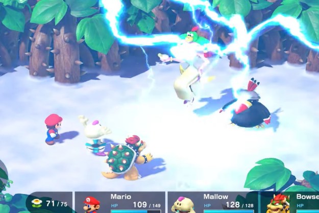 Mario, Mallow och Bowser som använder blixtattacker i Mario RPG