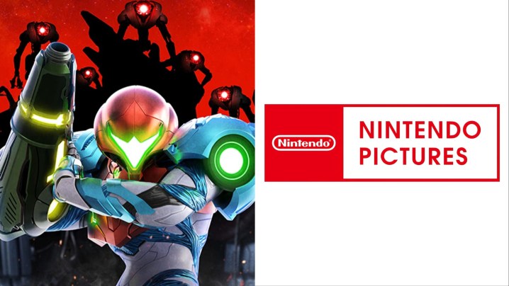 Imagen dividida del arte clave de Metroid Dread y el logotipo de Nintendo Pictures.