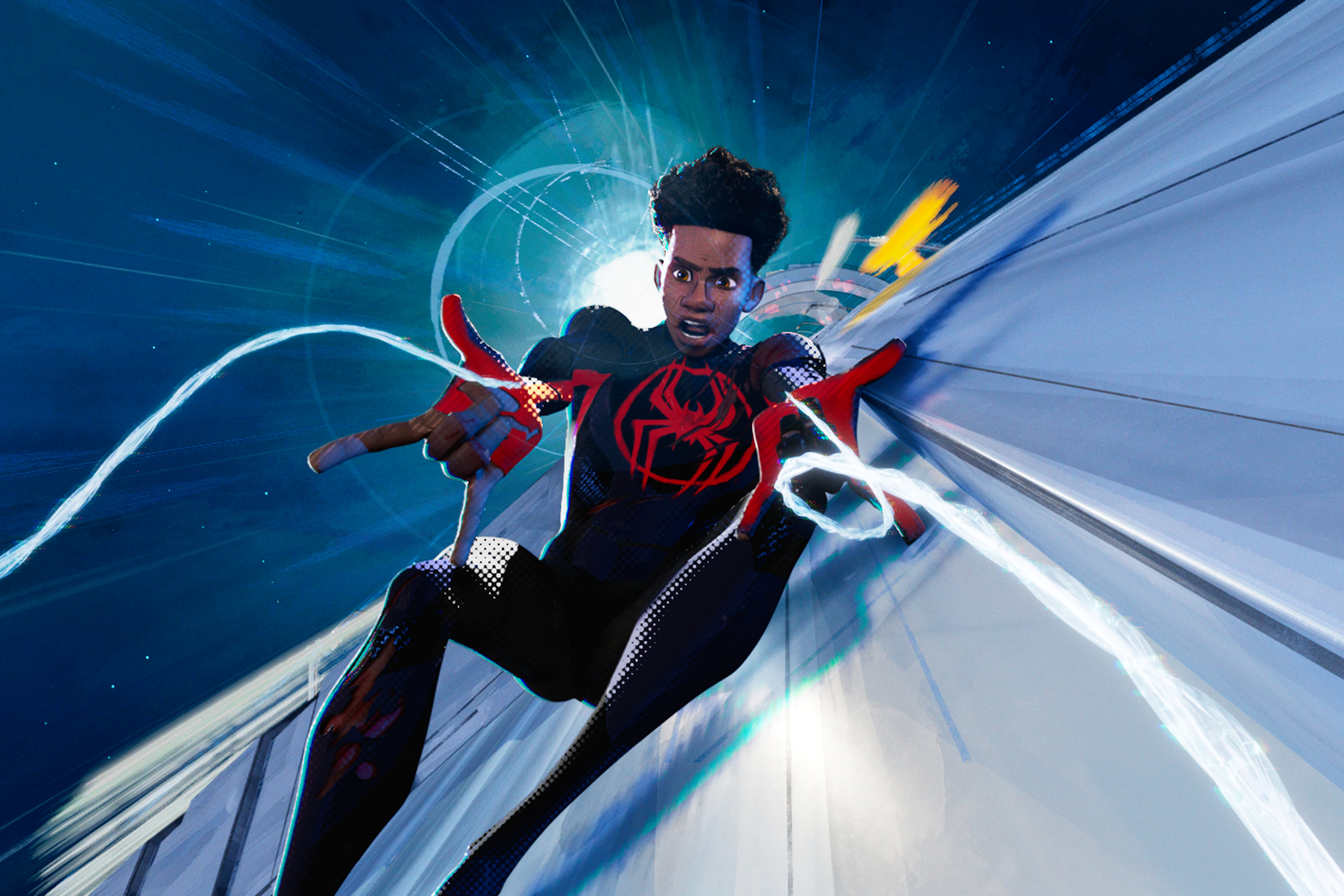 Miles Morales shoots webs on a train in Spider Man Across the Spider Verse