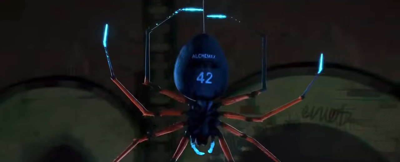 Uma aranha com "Alchemax 42" impresso em "Spider-Man: Into the Spider-Verse".