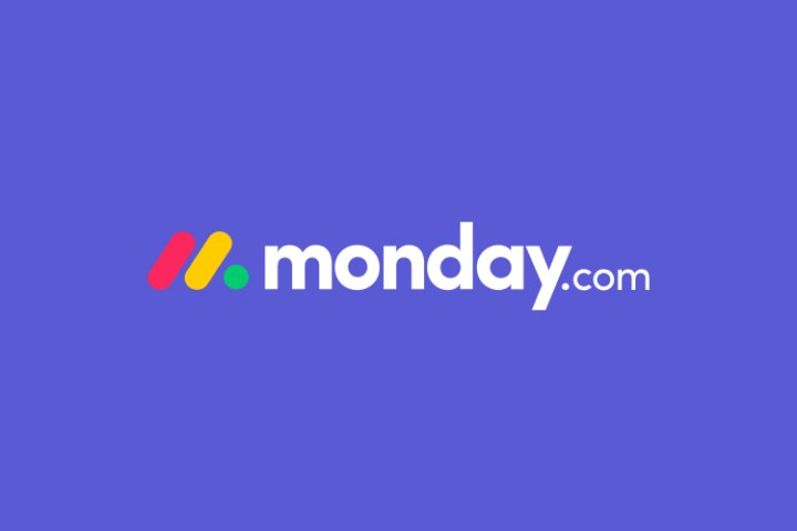 O logotipo Monday.com em um fundo roxo.