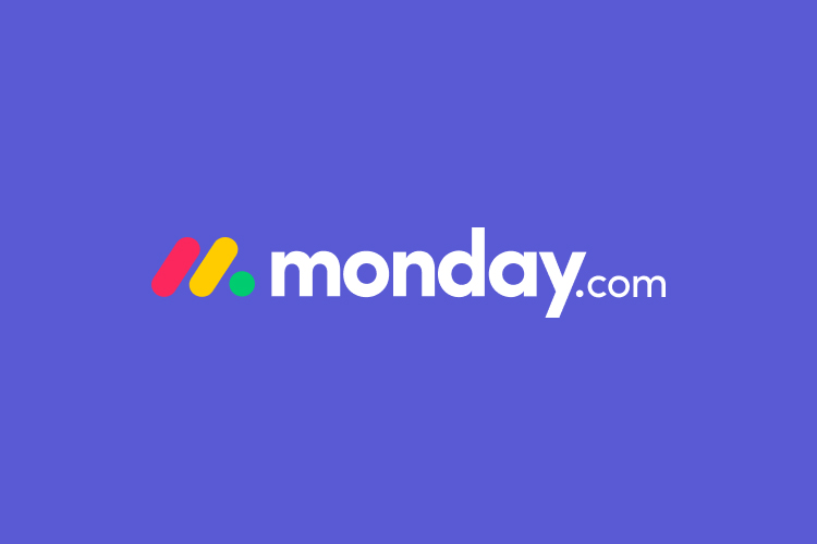 O logotipo Monday.com em um fundo roxo.