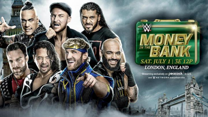 Poster with multiple wrestlers on it for WWE Money in the Bank 2023