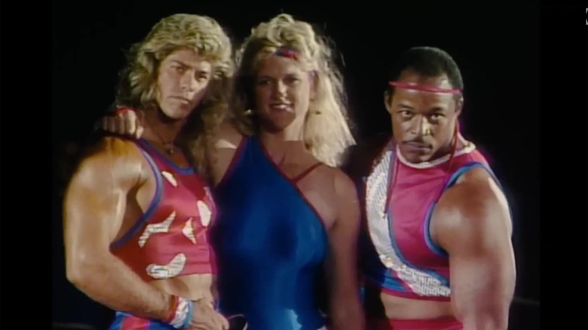 A trio of American Gladiators in Netflix's Muscles & Mayhem: An Unauthorized Story of American Gladiators.