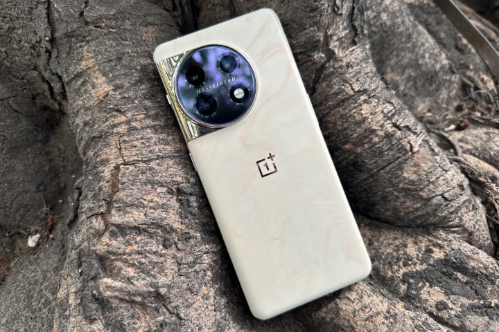 OnePlus-11-Marble-Odyssey-Edition reclining against a tree.