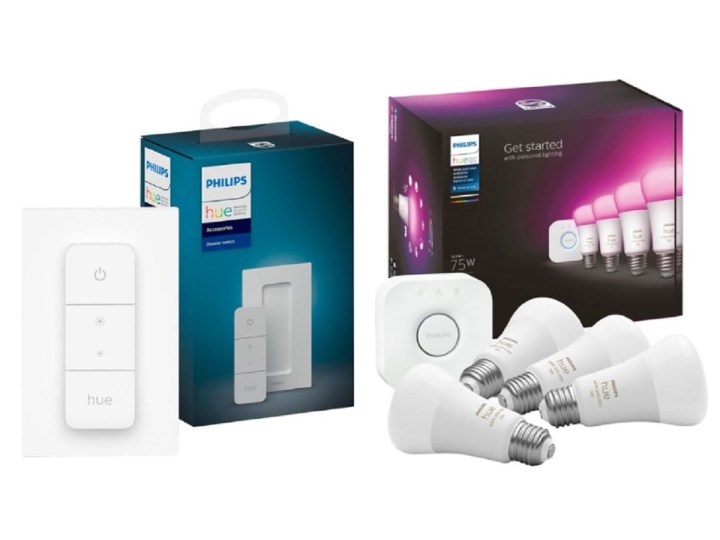 A package including the Philips Hue White & Color Ambiance A19 Smart Bulbs (4 Bulbs) with Philips Hue Dimmer Switch.