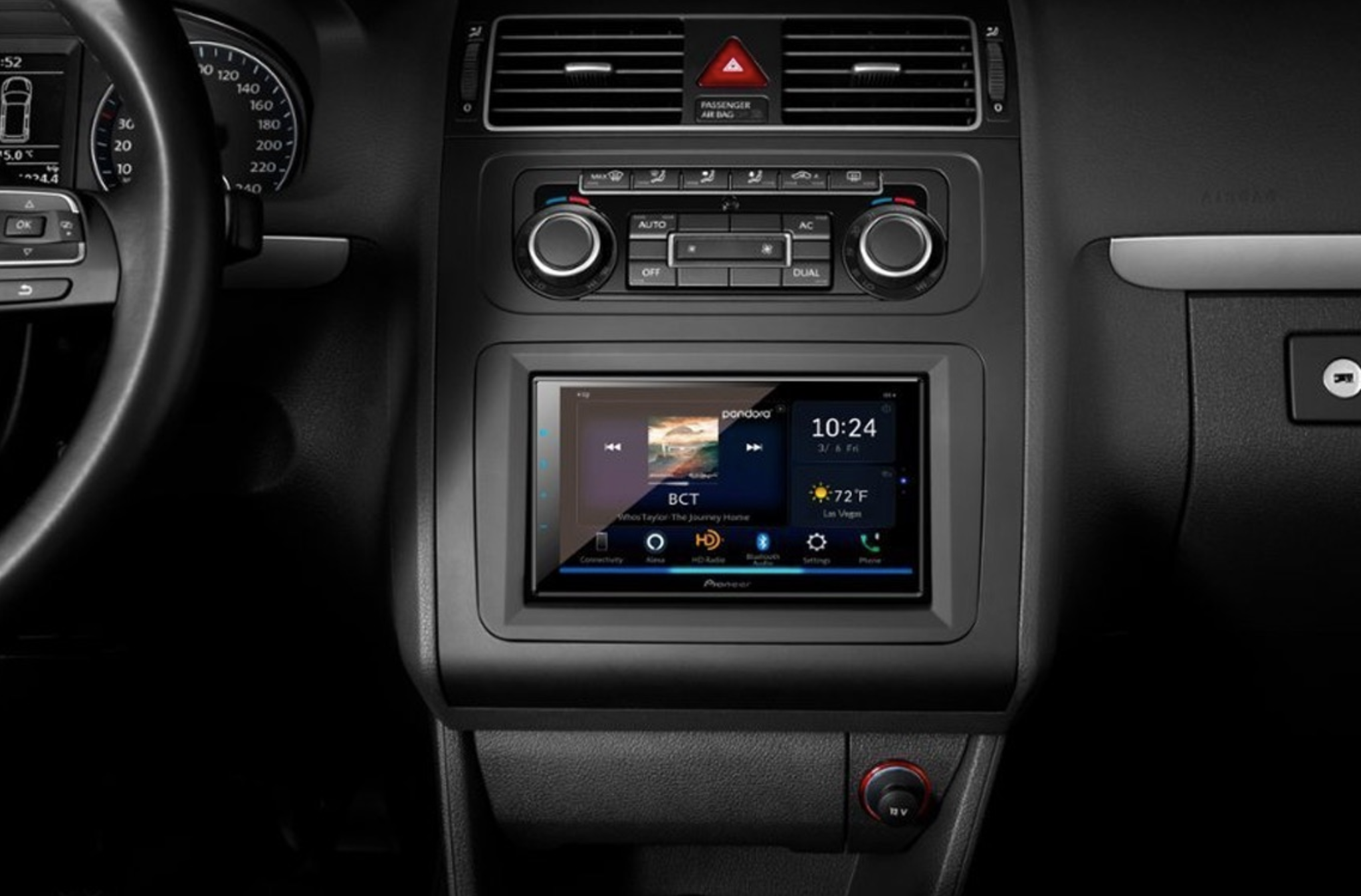 The 6.8-inch Pioneer digital media receiver installed in a vehicle's dashboard.