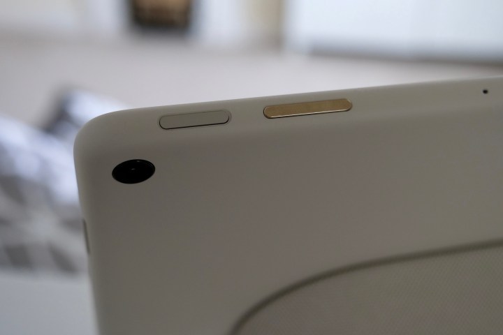 The Google Pixel Tablet's volume and fingerprint sensor buttons.