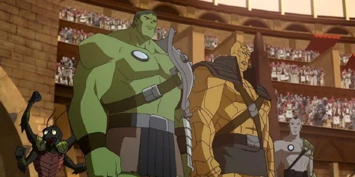 Hulk stands in an arena with aliens in Planet Hulk.