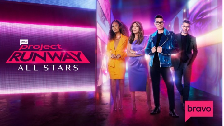 The judges for Project Runway pose on a poster.