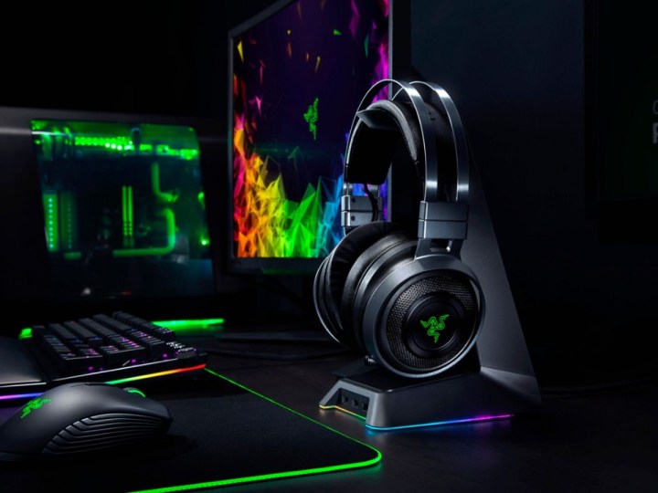 The Razer Nari Ultimate gaming headset with a gaming PC.