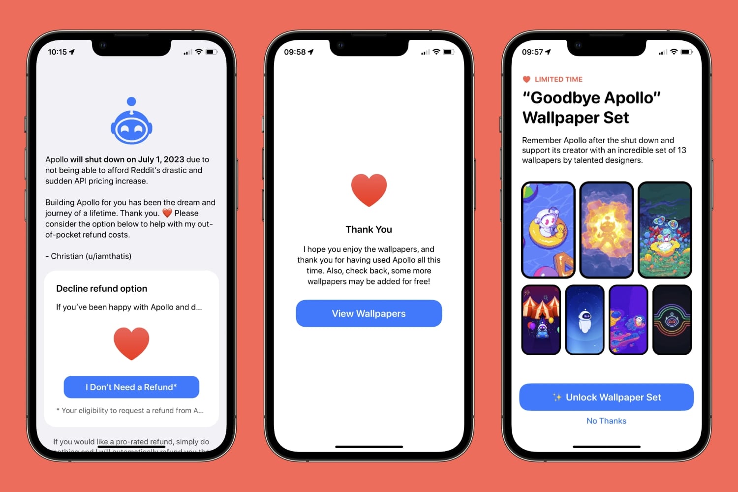 Three iPhones side-by-side show the Apollo app for Reddit. On-screen are messages allowing users to decline a refund for their subscription, a thank you message, and a set of special wallpapers.