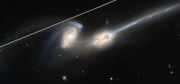 Esta imagen captura la raya de un satélite artificial en órbita terrestre cruzando el campo de visión del Hubble durante una observación de galaxias interactuando "The Mice" (NGC 4676). Un rastro satelital típico es muy delgado y afectará menos del 0.5% de una sola exposición al Hubble. Aunque en este caso el satélite se superpone a una parte de la galaxia objetivo, la calidad de la observación no se ve afectada. Esto se debe a que se toman múltiples exposiciones del mismo objetivo. Y el rastro satelital no está en otros marcos. Los desarrolladores del Instituto de Ciencia del Telescopio Espacial en Baltimore, Maryland, tienen un software que identifica los píxeles defectuosos del fotobombardeo satelital, la medida en que afectan la imagen y luego los marca. Cuando se marca, los científicos pueden recuperar el campo de visión completo. A pesar de que el número de satélites aumenta a lo largo de la década, estas herramientas para limpiar las imágenes seguirán siendo aplicables.