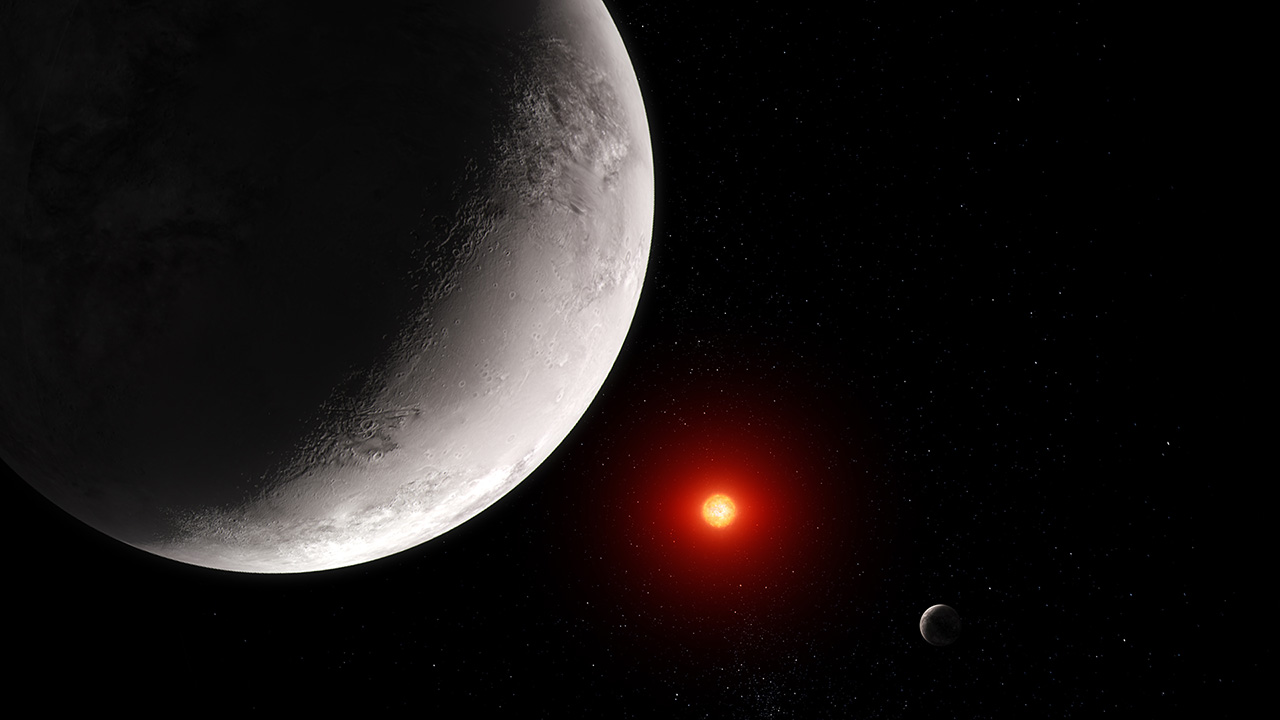 O conceito deste artista mostra como o exoplaneta rochoso quente TRAPPIST-1 c poderia parecer com base neste trabalho.  TRAPPIST-1 c, o segundo de sete planetas conhecidos no sistema TRAPPIST-1, orbita sua estrela a uma distância de 0,016 UA (cerca de 1,5 milhão de milhas), completando um circuito em apenas 2,42 dias terrestres.  TRAPPIST-1 c é ligeiramente maior que a Terra, mas tem aproximadamente a mesma densidade, o que indica que deve ter uma composição rochosa.  A medição de Webb da luz infravermelha média de 15 mícrons emitida por TRAPPIST-1 c sugere que o planeta tem uma superfície rochosa nua ou uma atmosfera muito fina de dióxido de carbono.