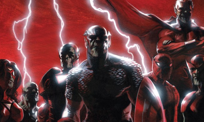 A group of Skrulls impersonating the Avengers on the cover of "Secret Invasion" #1.